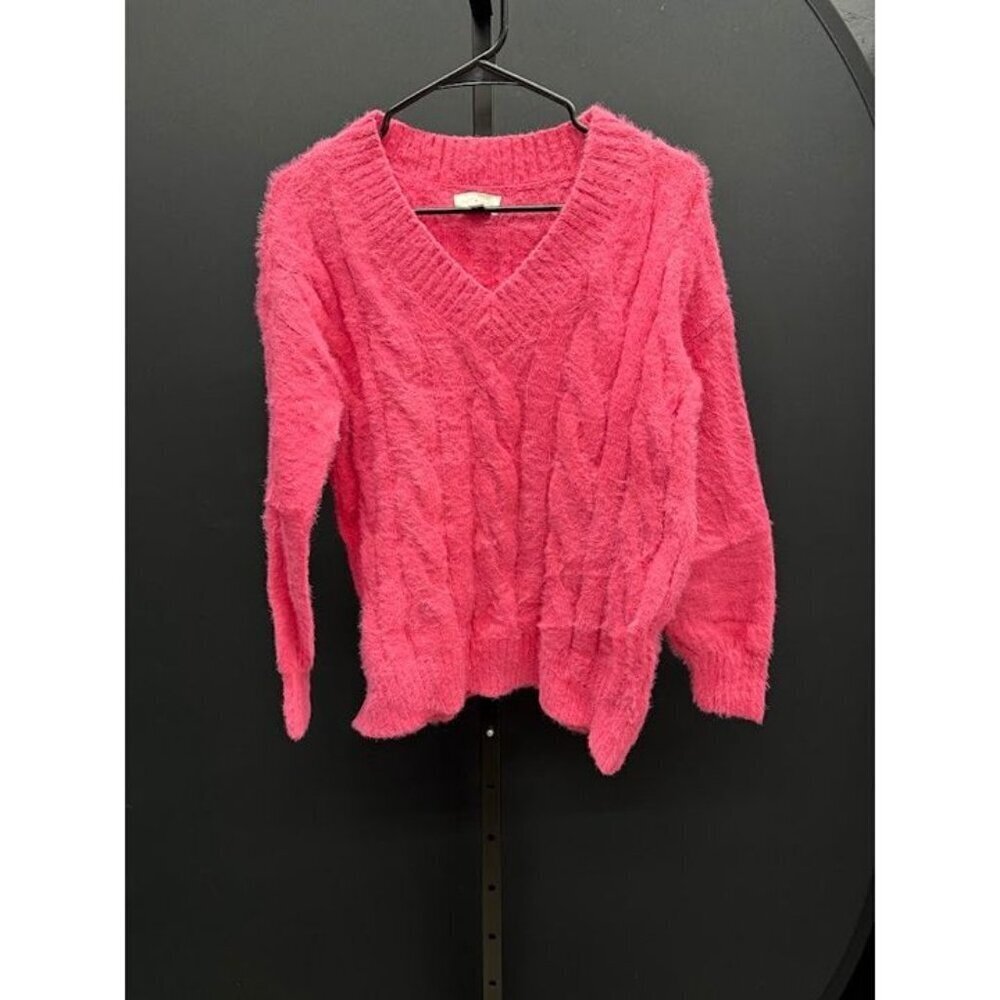 Lucky Brand Pink V-Neck Cable Knit Fuzzy Sweater